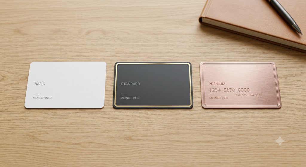 Three tiered membership cards on a desk