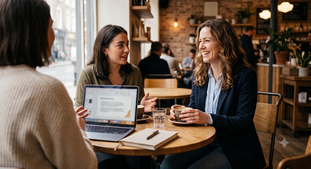 Three colleagues talking over coffee in a café