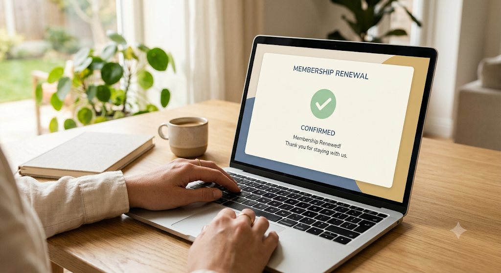 A person completing a membership renewal on a laptop